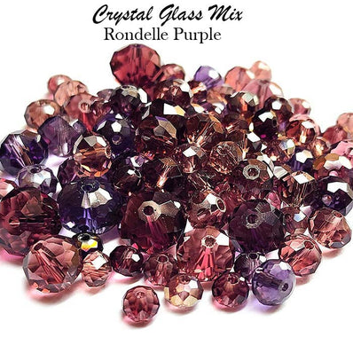 50 Grams Pkg. Purple color shade, Rondelle Faceted Crystal Mix size glass beads Size mostly encluded as 6mm, 8mm, 10mm, to some extent 4mm and 12mm mixed