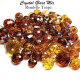 50 Grams Pkg. Brown color shade, Rondelle Faceted Crystal Mix size glass beads Size mostly encluded as 6mm, 8mm, 10mm, to some extent 4mm and 12mm mixed
