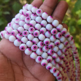 MILKY WHITE WITH PINK EYE' 8 MM ROUND ' SUPER FINE QUALITY EVIL EYE GLASS CRYSTAL BEADS SOLD BY PER LIN PACK' APPROX PIECES 47-48 BEADS