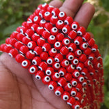 RED OPAQUE' 8 MM ROUND ' SUPER FINE QUALITY EVIL EYE GLASS CRYSTAL BEADS SOLD BY PER LIN PACK' APPROX PIECES 47-48 BEADS