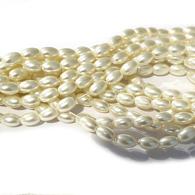 Bulk Lot 2 Lines Pack Approx 235-240 Beads in Size 6x4mm Off White Cream Oval Glass Pearl Beads