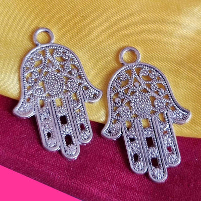 Silver Oxidized 10 PCS PACK/ HAMSA HAND FATIMA ZINC ALLOY METERIAL JEWELRY MAKING CHARMS Size 27x42mm