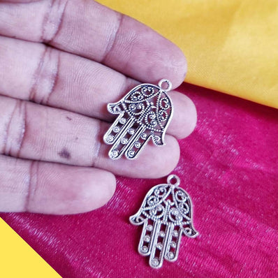 Silver Oxidized 10 PCS PACK/ HAMSA HAND FATIMA ZINC ALLOY METERIAL JEWELRY MAKING CHARMS Size 22x30mm