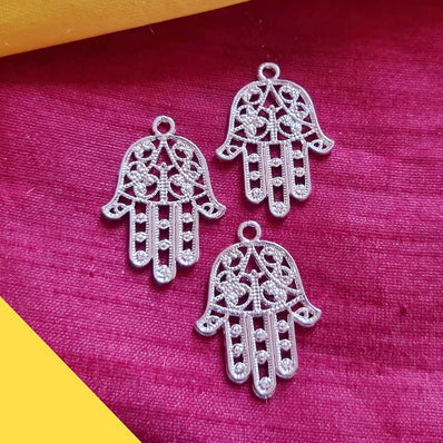 Silver Shiny 10 PCS PACK/ HAMSA HAND FATIMA ZINC ALLOY METERIAL JEWELRY MAKING CHARMS Size 22x30mm