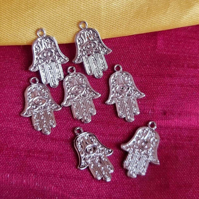 Rhodium Plated 10 PCS PACK/ HAMSA HAND FATIMA ZINC ALLOY METERIAL JEWELRY MAKING CHARMS Size 13x19mm