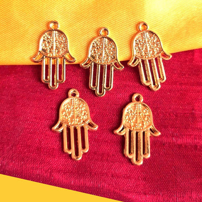 Gold Shiny 10 PCS PACK/ HAMSA HAND FATIMA ZINC ALLOY METERIAL JEWELRY MAKING CHARMS Size 16x25mm