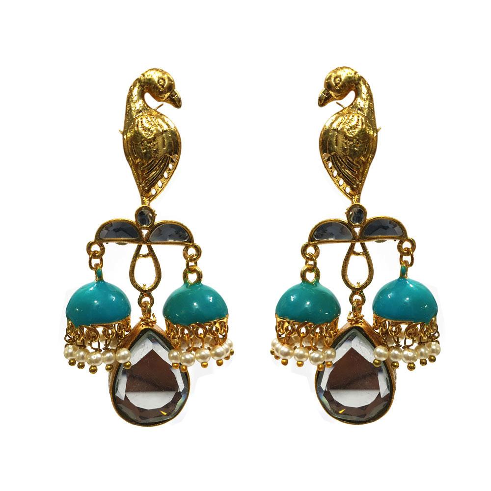 Kundan and Meena Peacock earrings with double Jhumka Teal Color