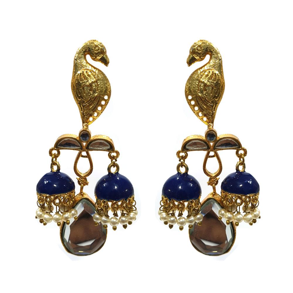 Kundan and Meena Peacock earrings with double Jhumka Blue Color