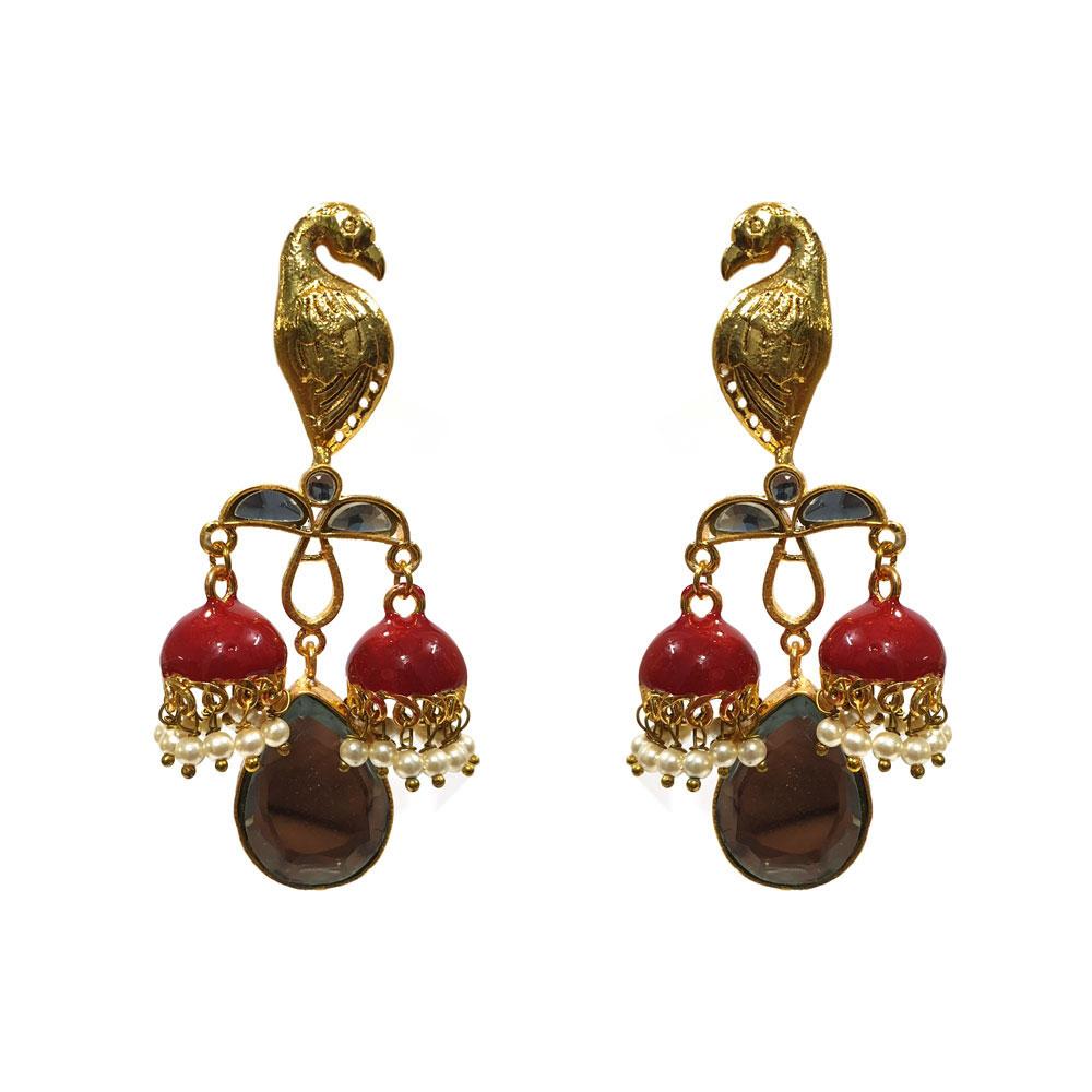 Kundan and Meena Peacock earrings with double Jhumka Red Color