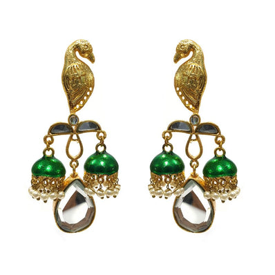 Kundan and Meena Peacock earrings with double Jhumka Green