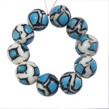 14mm Size 10 Pcs Pack, White on Turquoise Lampwork Beads
