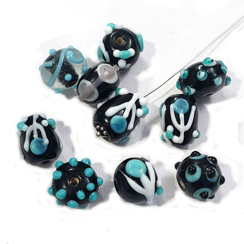 10 Pcs. Black Raised Pattern Handmade Lampwork Glass Beads