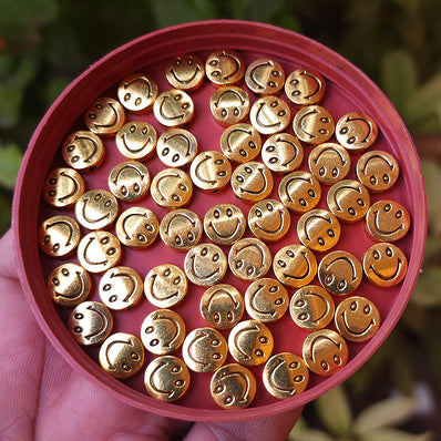 10 PIECES PACK' 10 MM' GOLD OXIDIZED SMILEY METAL BEADS USED IN DIY JEWELLERY MAKING