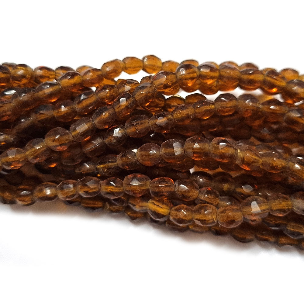 4 Line/Strands Brown Glass Beads in size about 6mm hand pressed faceted. 4 line has about 240 Beads