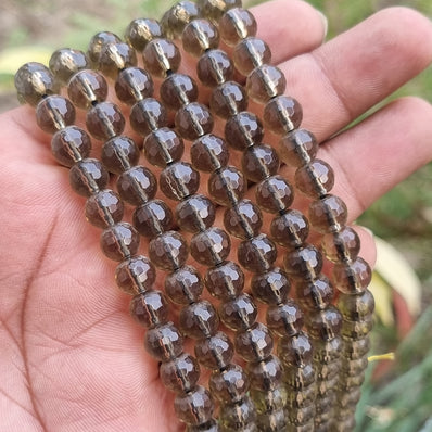 8 MM 'A' QUALITY SMOKY QUARTZ  BRIOLETTE  CUT SOLD BY PER LINE 16' (52-54 BEADS)