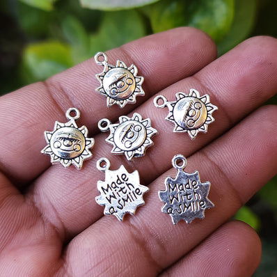 10 PIECES PACK' SILVER OXIDIZED SUN CHARMS WITH CARVING AT BACKSIDE' 15x12 MM USED DIY JEWELLERY MAKING