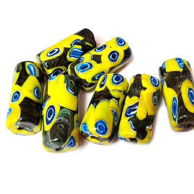 10/Pcs Pkg. Vintage Millefiori Trade Beads 18x37 Milimeter Size Base Color Black Tube Shape