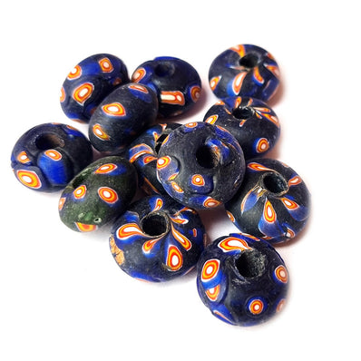10/Pcs Pkg. Vintage Millefiori Trade Beads 12x22 Milimeter Size Base Color Blue Disc Shape