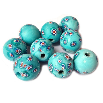 10/Pcs Pkg. Vintage Millefiori Trade Beads 24 Milimeter Size Base Color Turquoise Round Shape
