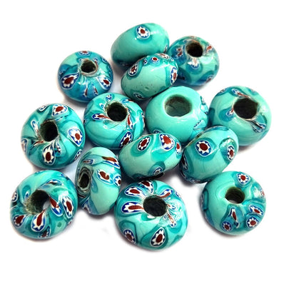 10/Pcs Pkg. Vintage Millefiori Trade Beads 23x14 Milimeter Size Base Color Turquoise Disc Shape