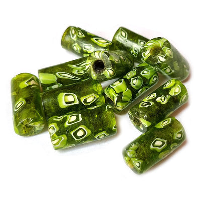 10/Pcs Pkg. Vintage Millefiori Trade Beads 15x32 Milimeter Size Base Color Green Tube Shape