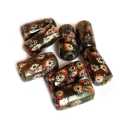 10/Pcs Pkg. Vintage Millefiori Trade Beads 17x30 Milimeter Size Base Color Black Tube Shape