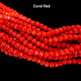OPAQUE SOLID COLOR GLASS BEADS STRANDS, FACETED, RONDELLE, CORAL RED 6X5MM, HOLE: 1MM; ABOUT 92~94PCS/STRAND, 16~16.5"(42.5~43.75CM)