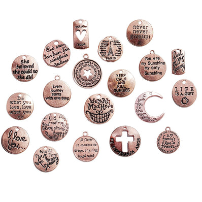 Mix 20 Pcs/Pack Rose Gold, Inspirational Word Charms for Women, Hand Stamped Charms, Motivational Positive Message Charms for Bracelets, Dainty Necklace Charms for her Size About 17~24mm in Color Rose Gold