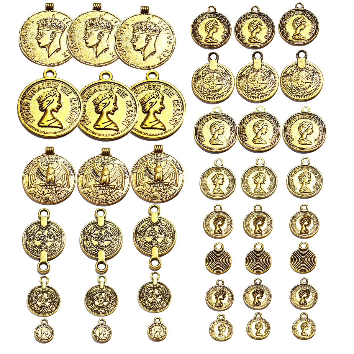 140 Pcs Pkg. Mix Gold Antique Coin Charms for jewelry making