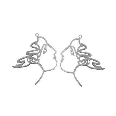 2 PCS PACK, FACE SILHOUETTE LADY EARRINGS Silver Plated DROP STYLE