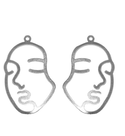 45mm large Size, 2 PCS PACK, FACE SILHOUETTE LADY EARRINGS Silver Plated DROP STYLE