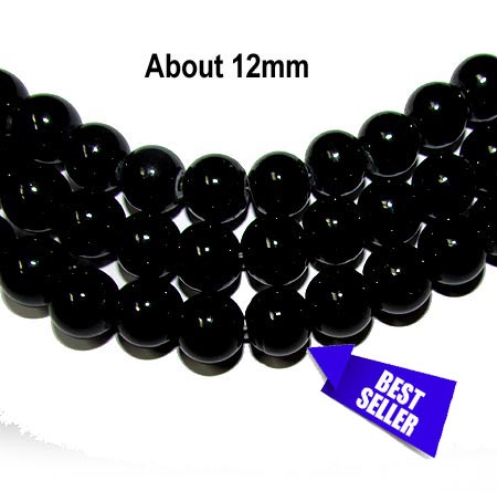 12 mm' Black Round Opaque Glass Beads Sold by per Line' 37-38 Beads