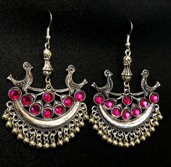 Peacock Metal Earrings Oxidized Chand Bali Stone Inlay