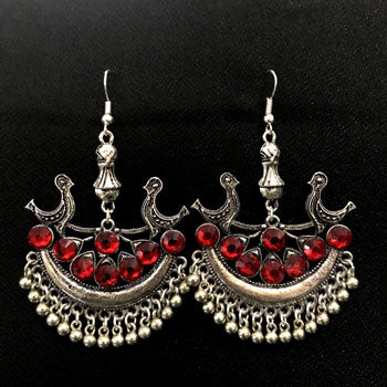 Peacock Metal Earrings Oxidized Chand Bali Stone Inlay