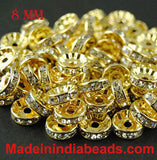 100 PCS RHINESTONE 8 MM GOLD RONDELLES CRYSTAL LOOSE SPACER BEADS FOR DIY JEWELRY MAKING