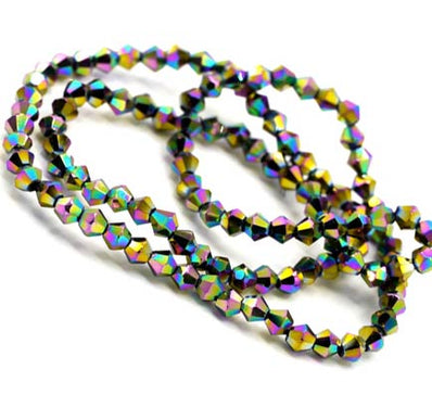 576 Pcs Beads in 4 mm Size, Bi cone Shape Glass Beads Rainbow Black Metallic