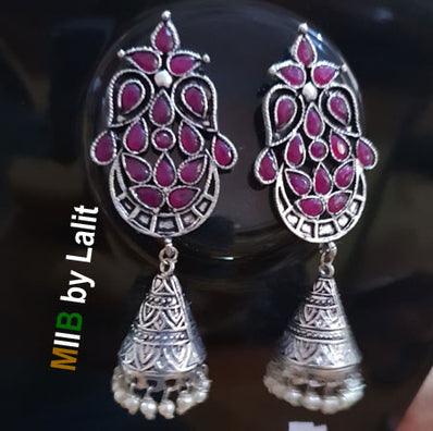 Artistic Handmade Designer Earrings ,Oxidized and stone inlay, Sold Per Pair