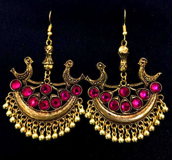 Peacock Metal Earrings Oxidized Chand Bali Stone Inlay