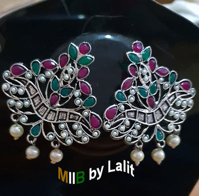 Artistic Handmade Designer Earrings ,Oxidized and stone inlay, Sold Per Pair