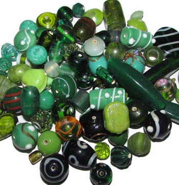 Green semi-fancy mixed glass beads, sold by Per Pkg. 250 Gram. Size about 10mm to 16mm,