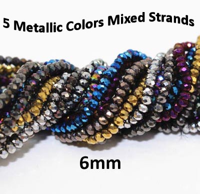 5 Colors, Metallic Mix, 6mm Size Rondelle, Crystal Glass beads Strands