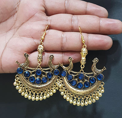 Peacock Metal Earrings Gold Oxidized Chand Bali Stone Inlay